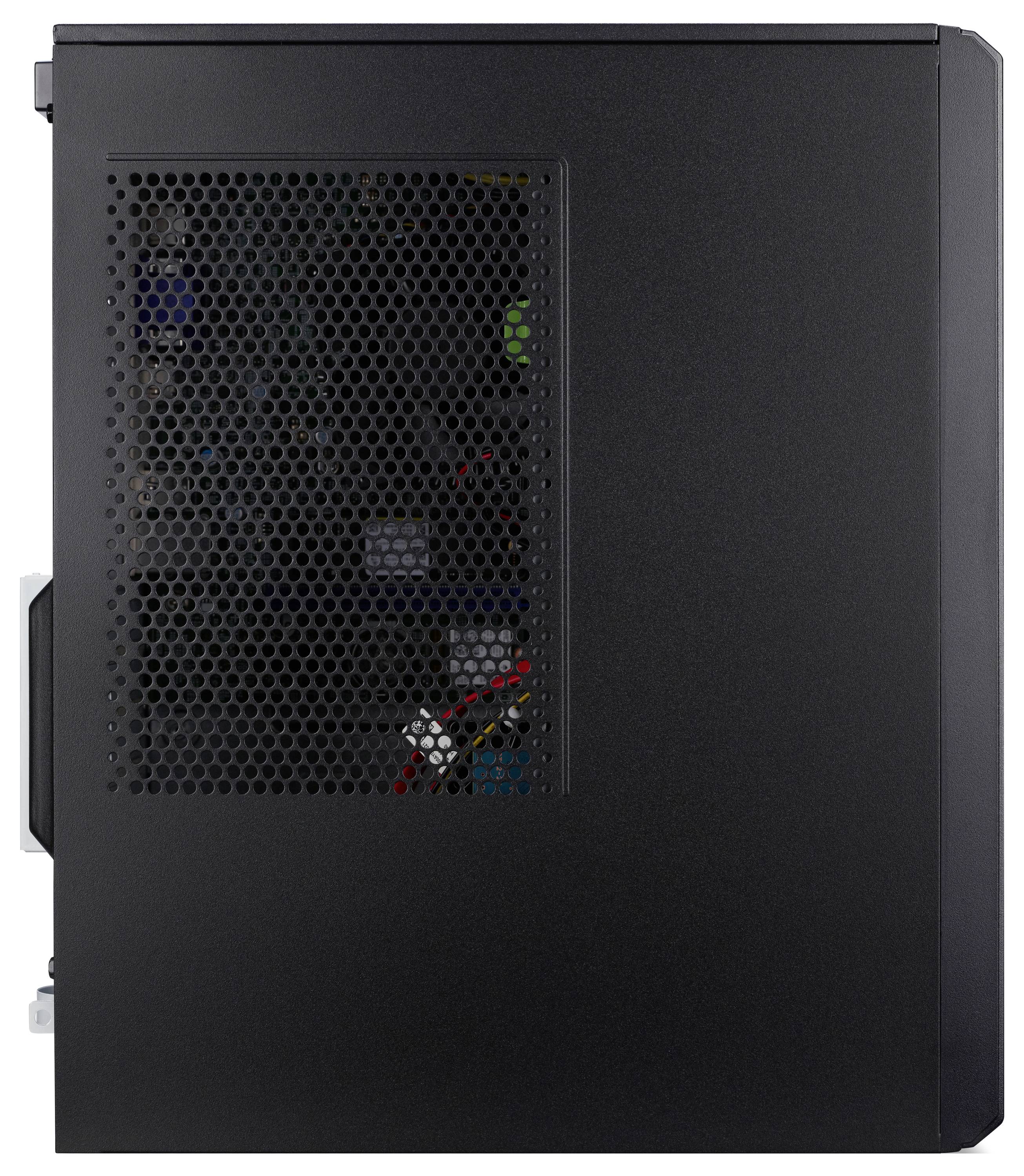 Boîtier de tour informatique noir avec panneau latéral en maille révélant les composants internes.