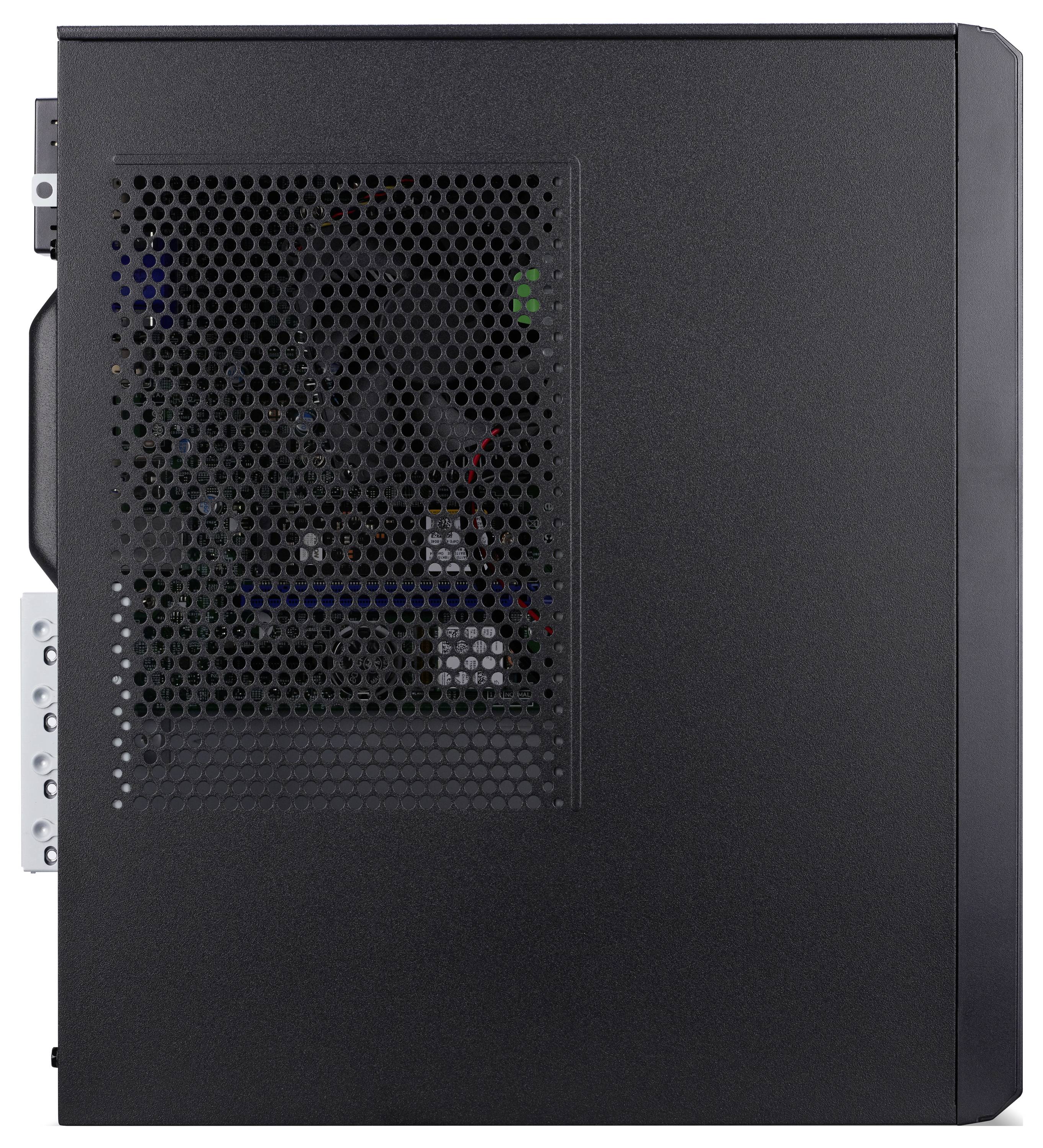 Vue latérale d'un boîtier de tour informatique noir avec un panneau grillagé pour la ventilation et des composants internes partiellement visibles à l'intérieur.