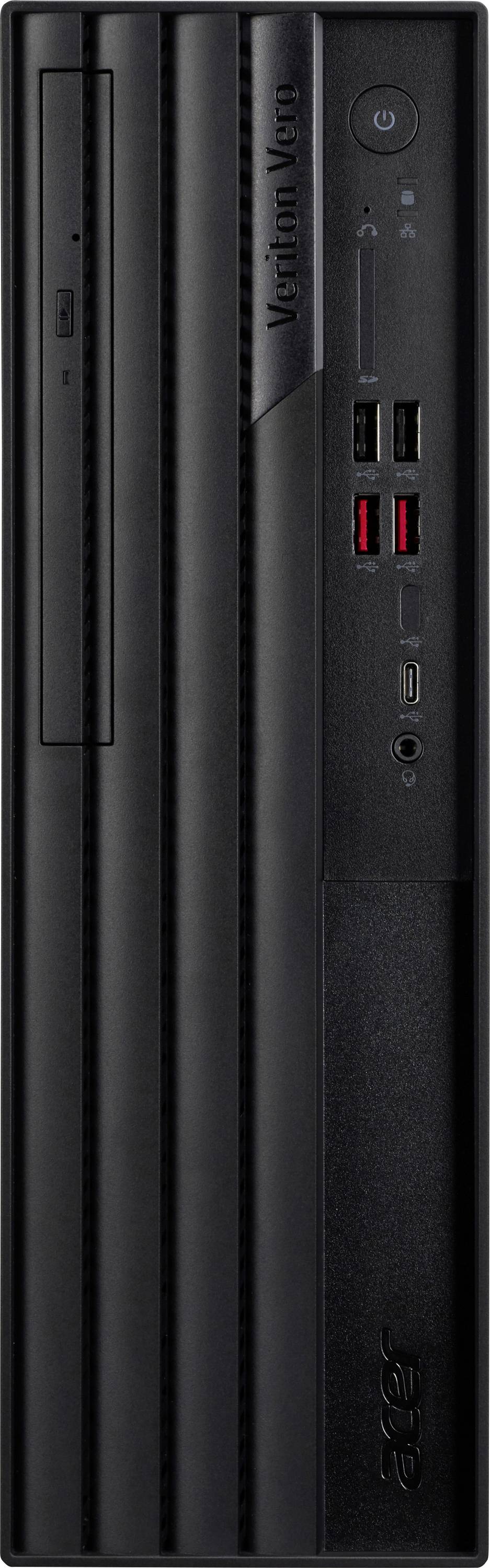 Une tour d'ordinateur de bureau noire et élancée avec plusieurs ports USB, une prise casque, un bouton d'alimentation et un lecteur de disque sur le panneau avant.