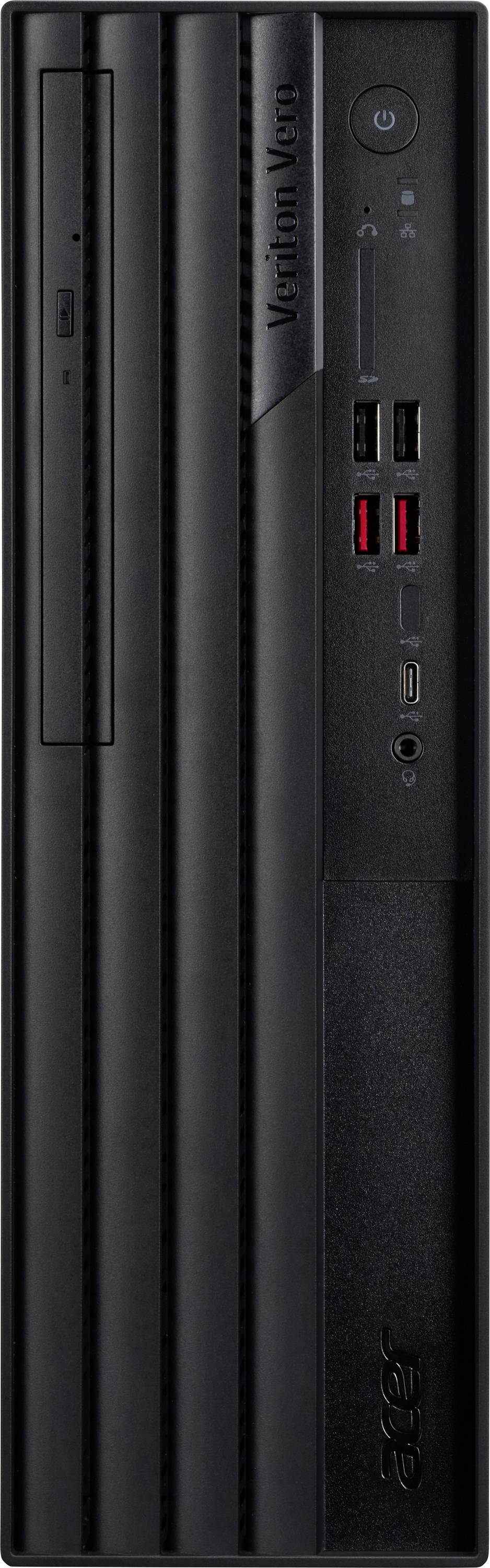 Une mini tour Acer Veriton noire avec un design vertical, dotée d'un bouton d'alimentation, de plusieurs ports USB et d'un lecteur optique à l'avant.
