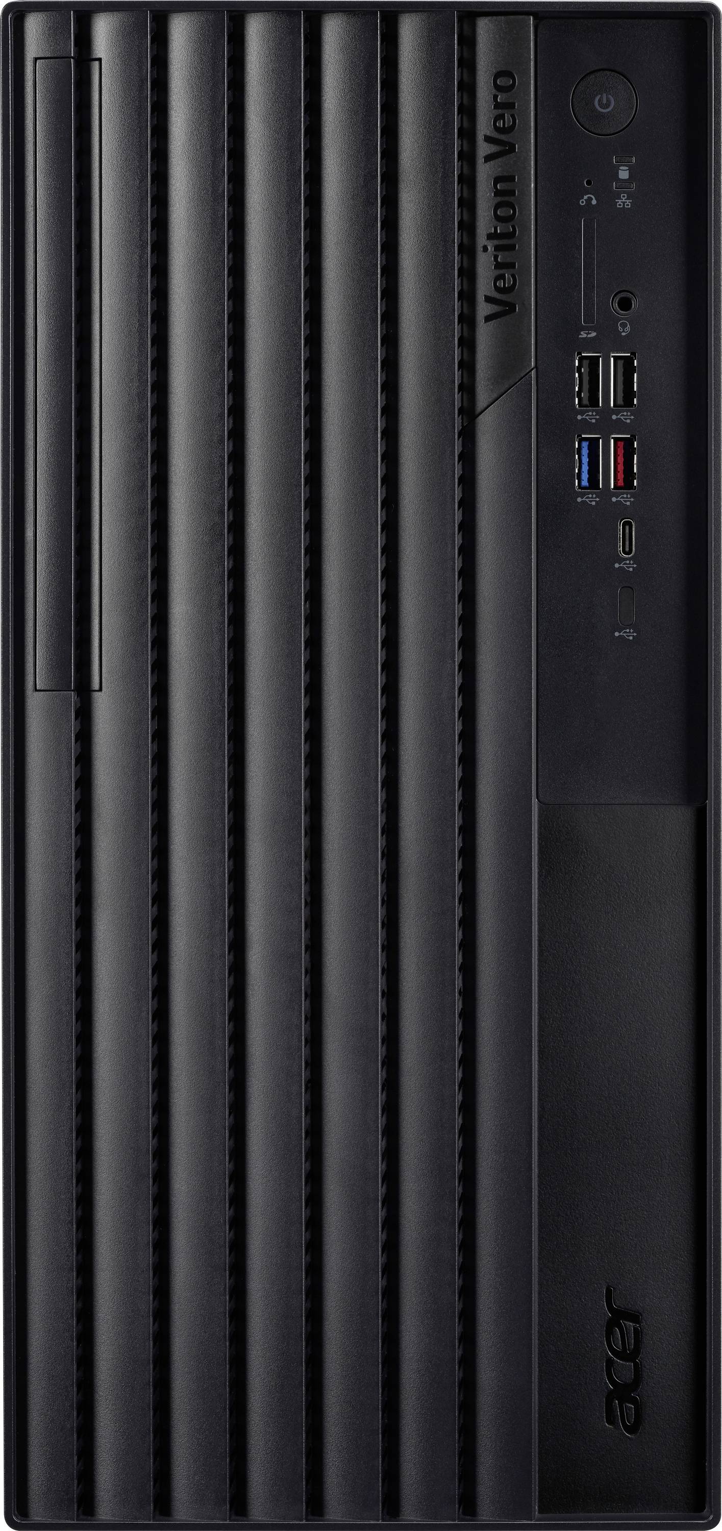 Une tour de bureau Acer noire avec une texture rayée verticale, dotée de ports USB orientés vers l'avant et d'un bouton d'alimentation.