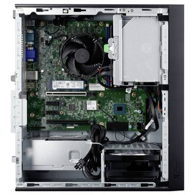 'Ordinateur de bureau ouvert montrant les composants internes tels que la carte mère, le ventilateur du processeur, le disque dur et l'alimentation électrique, illustrant la disposition du matériel.'