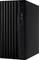 Une tour d'ordinateur de bureau noire avec des rainures verticales et des ports orientés vers l'avant, notamment des connexions USB et audio.