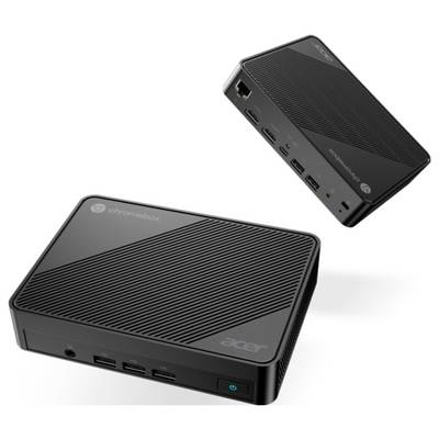 Appareils Acer Chromebox Cxi5 montrant les ports avant et latéraux, incluant USB, Ethernet, HDMI et le bouton d'alimentation, sur fond blanc.
