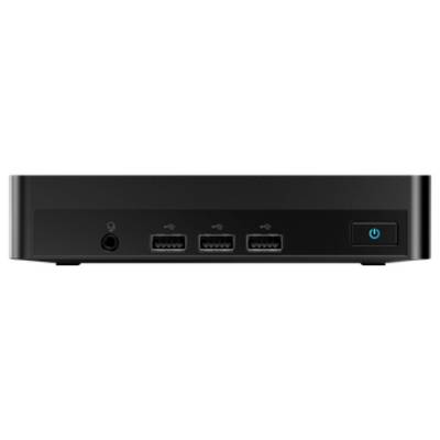 « Vue de face d'un ordinateur de bureau noir, montrant trois ports USB, une prise audio et un bouton d'alimentation bleu sur le côté droit. »
