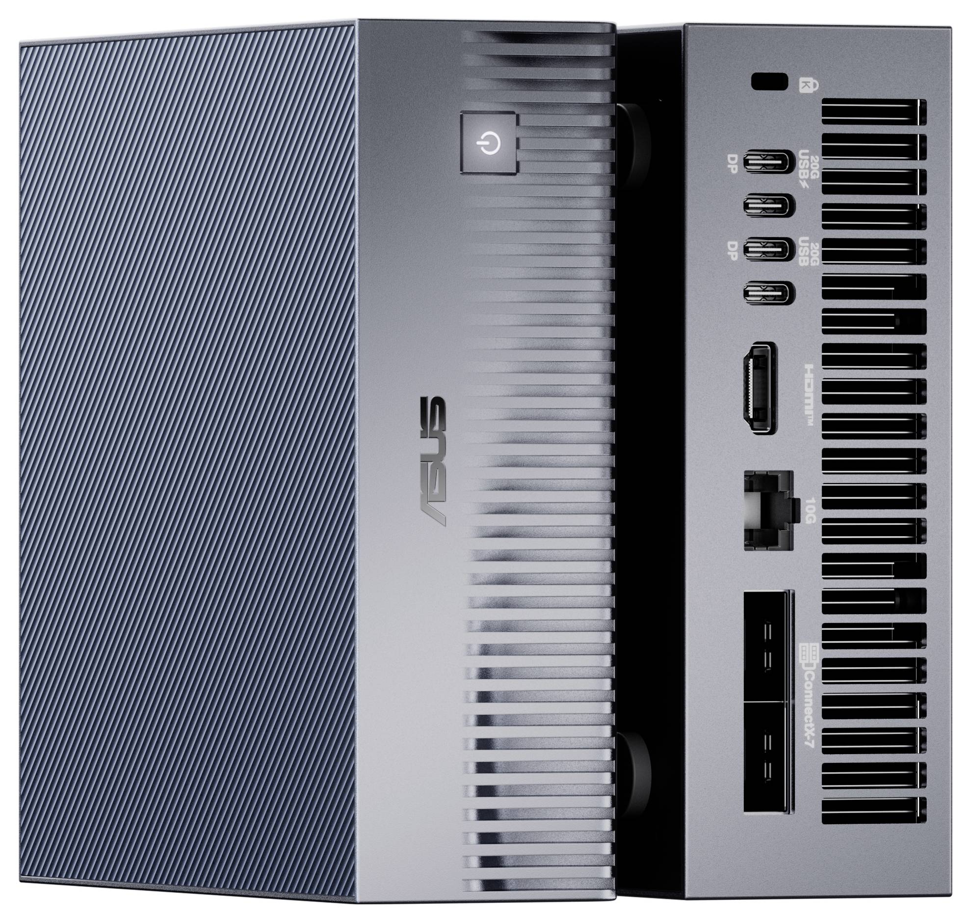 Un ordinateur de bureau compact ASUS vu de côté, mettant en valeur son design élégant et ses divers ports de connectivité.
