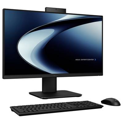 Un ensemble informatique noir avec un moniteur grand écran affichant un fond d'écran abstrait bleu et noir élégant, une souris et un clavier.