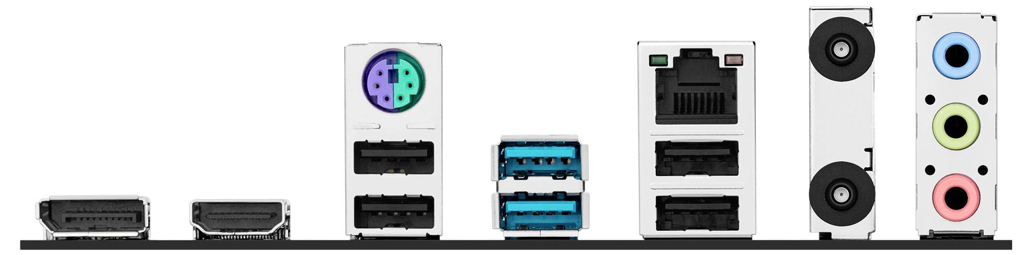 Ports du panneau arrière d'une carte mère d'ordinateur incluant HDMI, USB, Ethernet, prises audio et connecteurs PS/2 disposés horizontalement.