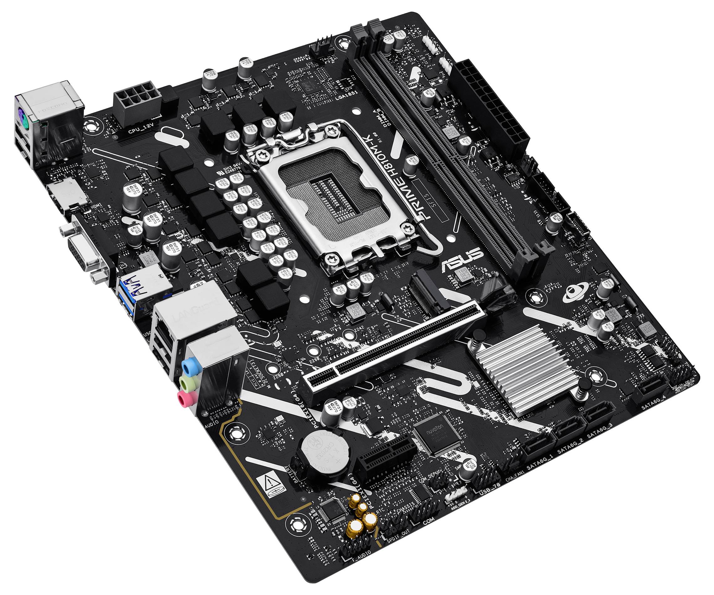 Une carte mère noire présentant des composants étiquetés, incluant les emplacements PCIe, les emplacements RAM et les ports de connectivité. Mise au point centrale sur le socket du processeur.