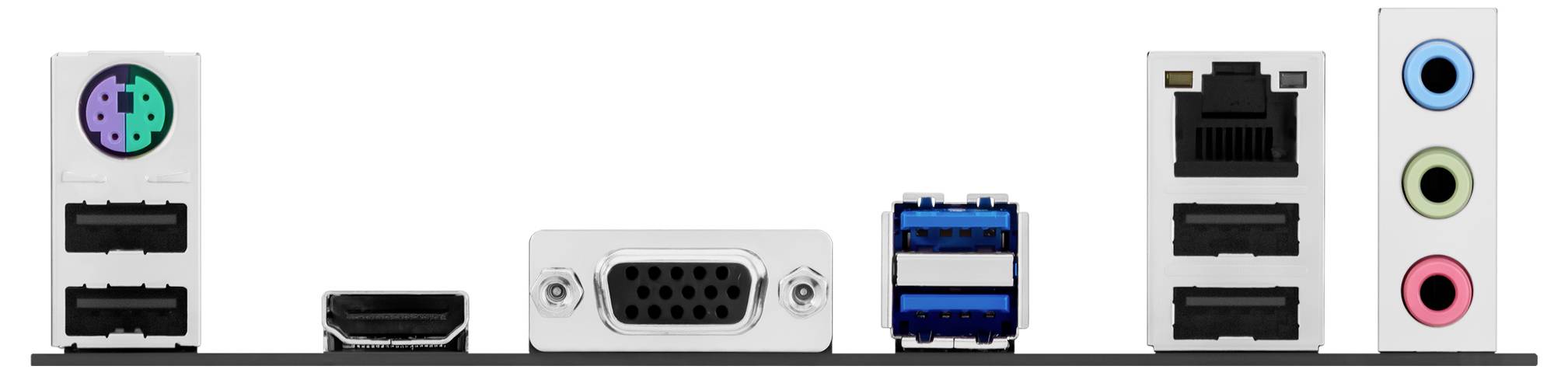 Panneau arrière d'une carte mère d'ordinateur montrant divers ports incluant PS/2, USB, HDMI, VGA, Ethernet et des prises audio.