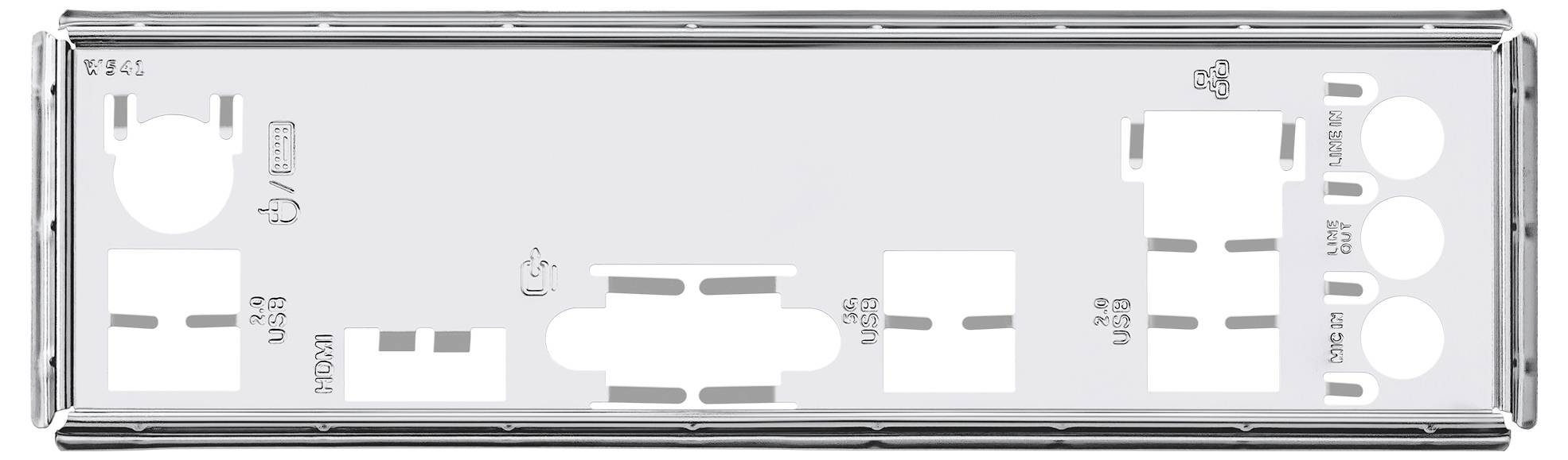 Une plaque métallique rectangulaire avec des découpes désignées pour les composants électriques comme les entrées USB, HDMI et audio.