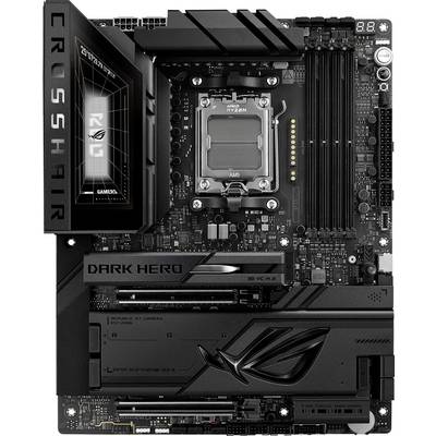 Une carte mère ASUS ROG Crosshair VIII Dark Hero noire, dotée d'un socket AMD Ryzen, de multiples emplacements RAM et d'un logo « ROG » bien visible.