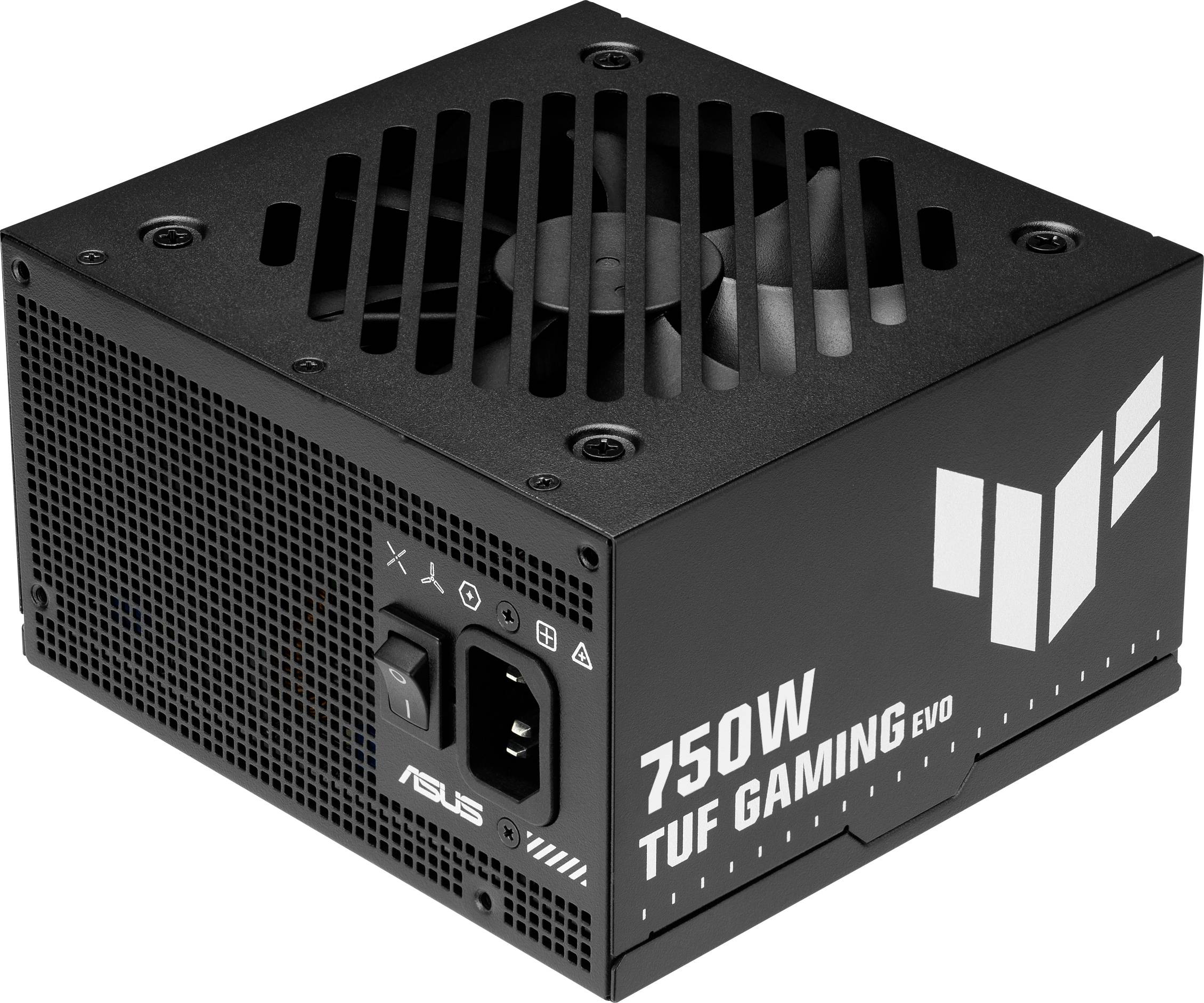 Une unité d'alimentation ASUS TUF Gaming EVO noire étiquetée « 750W » avec ventilation, un interrupteur marche/arrêt et un port d'entrée d'alimentation.