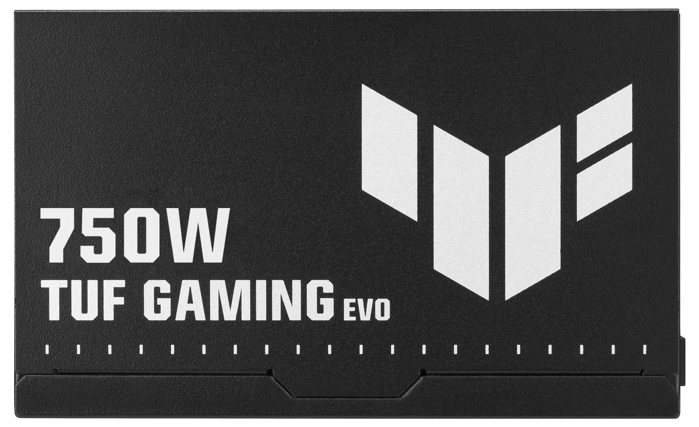 Une unité d'alimentation TUF Gaming Evo 750W noire avec un logo et un texte blancs.