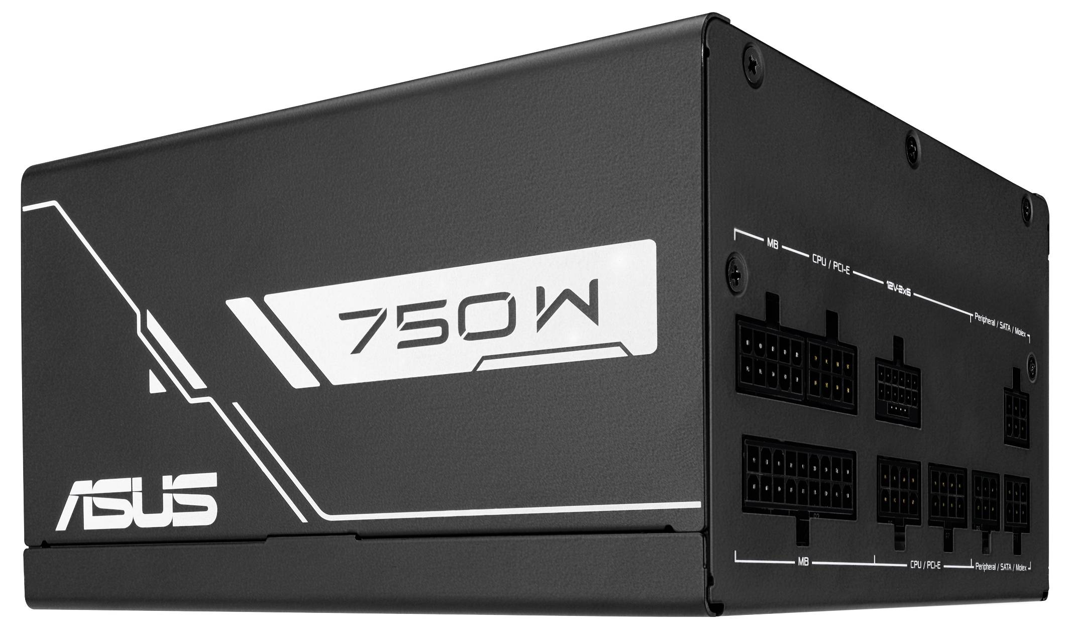 Unité d'alimentation ASUS 750W, dotée de connexions modulaires multiples sur le côté, adaptée à une configuration informatique haute performance.