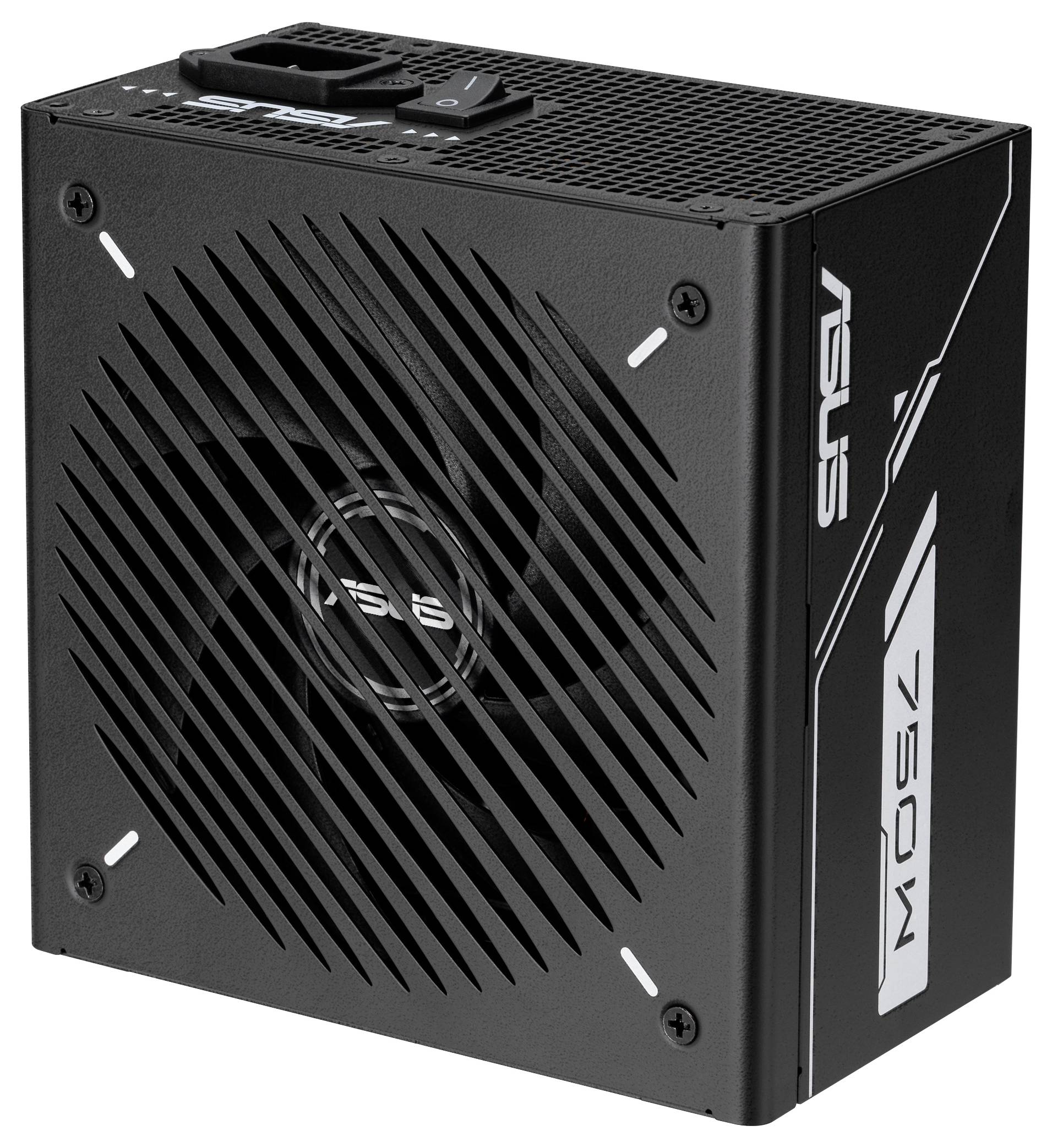 'Une unité d'alimentation ASUS 750W noire avec ventilateur, conçue pour le matériel informatique, présentant des étiquettes de marque et de capacité électrique sur le côté.'