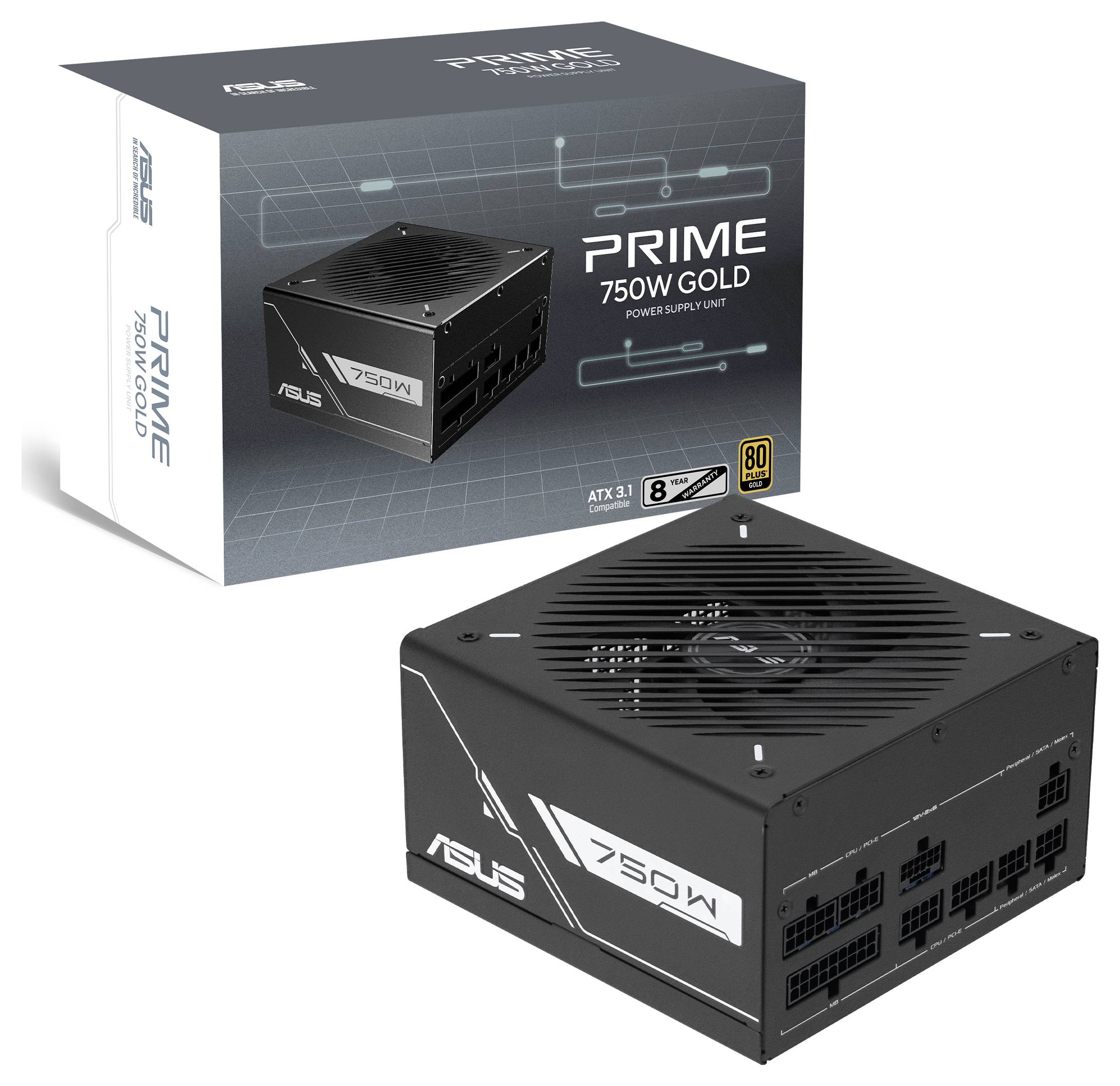 Alimentation « ASUS Prime 750W Gold » avec conception modulaire, refroidissement efficace, certification 80 Plus Gold et compatibilité ATX 3.0 affichées.
