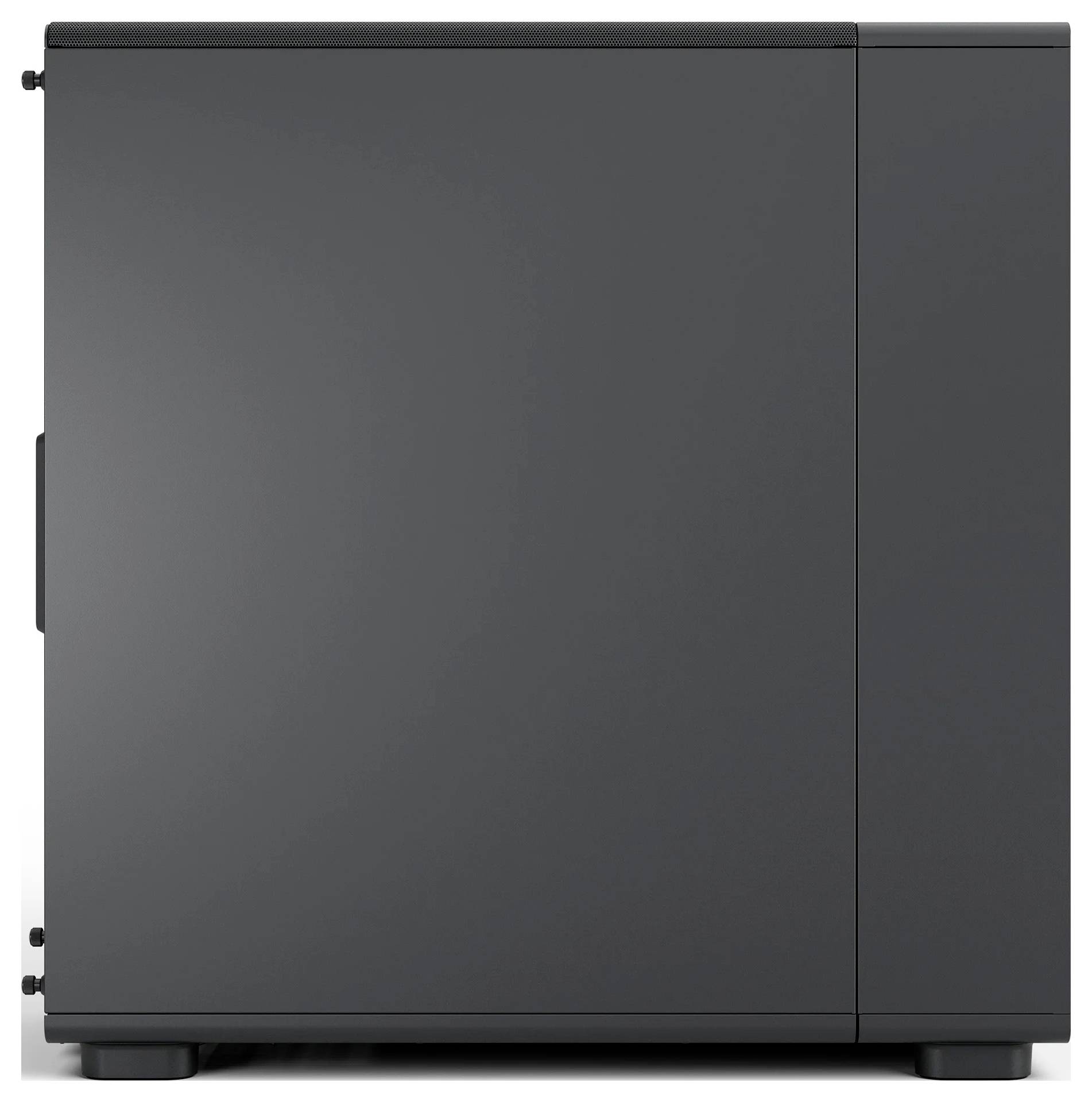 Une tour informatique noire mate élégante au design minimaliste, dotée d'un panneau avant lisse et d'aérations latérales subtiles.