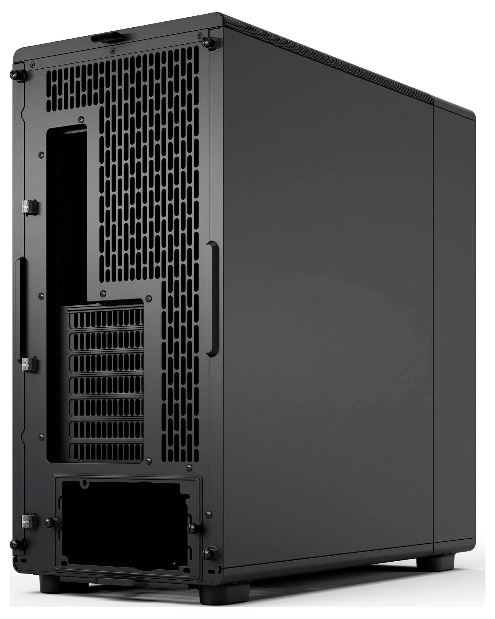 Un boîtier d'ordinateur noir élégant avec un panneau en maille à l'arrière, présentant plusieurs fentes et ports, conçu pour un refroidissement efficace et la personnalisation.