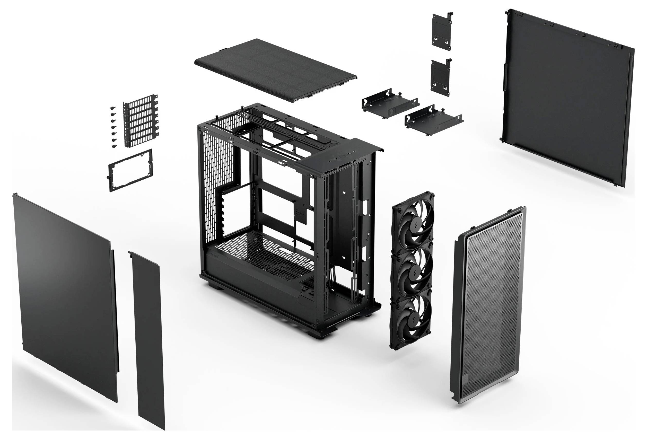 Vue éclatée d'un boîtier d'ordinateur noir montrant les composants séparés comprenant les panneaux, les ventilateurs et le cadre pour l'illustration d'assemblage.