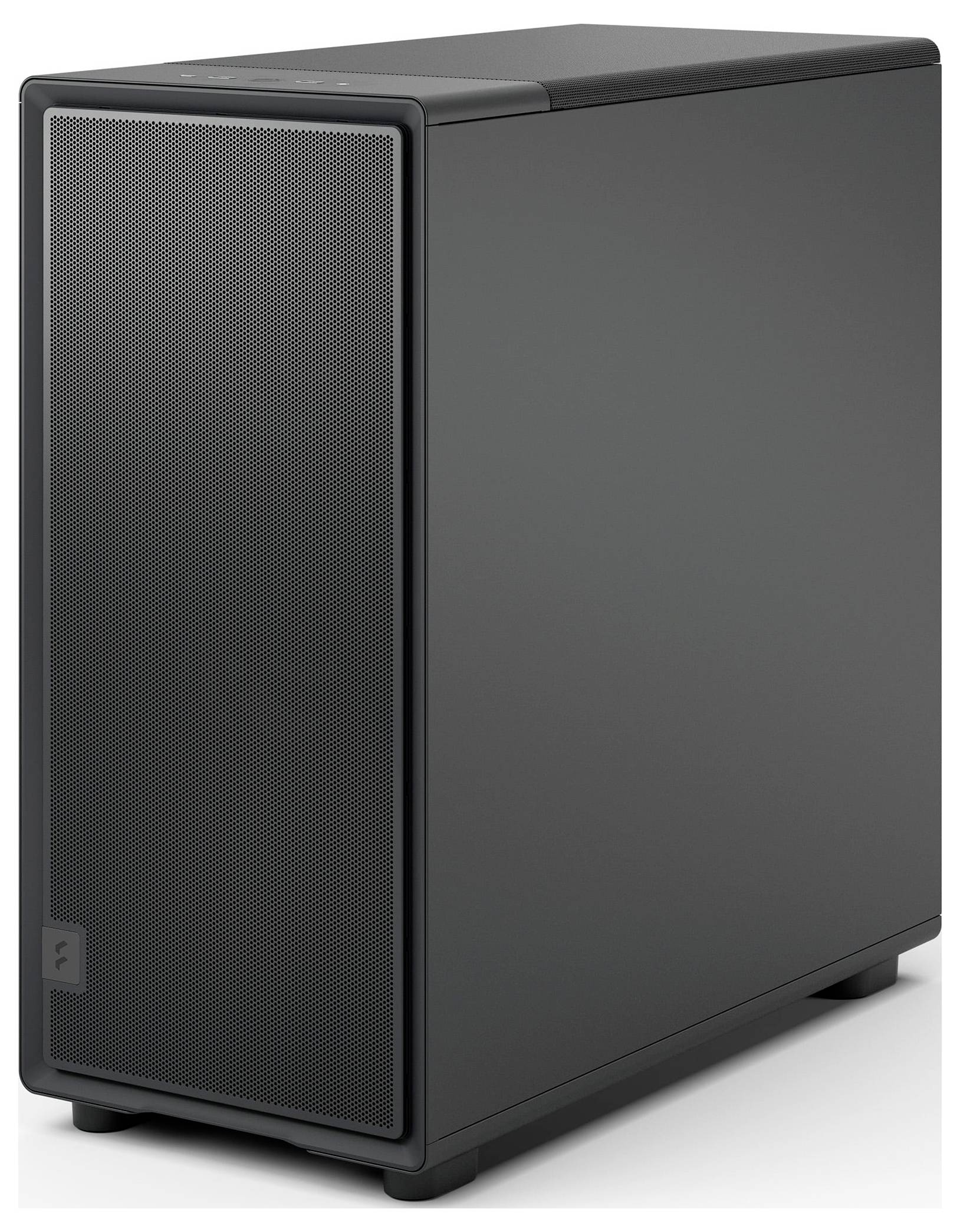 Une élégante tour informatique noire avec un panneau frontal en maille, conçue pour une circulation d'air améliorée.