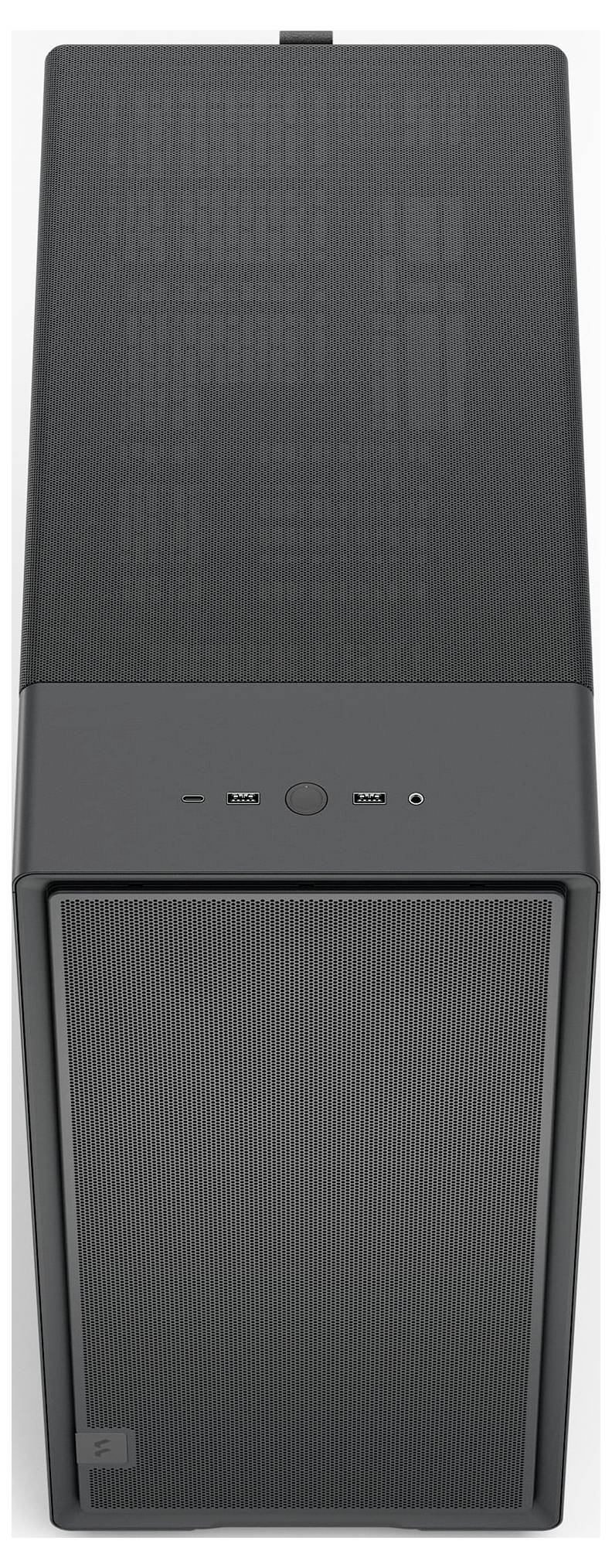 Une tour informatique noire et élégante de design moderne, dotée de deux ports USB sur le panneau avant et d'une conception à fentes de ventilation sur le dessus pour un refroidissement optimal.