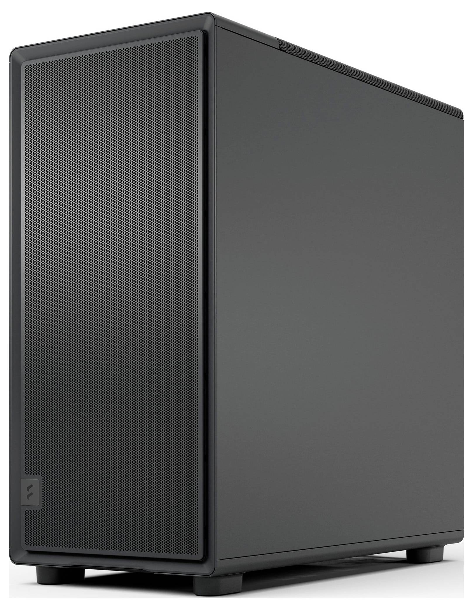 Une élégante tour informatique noire avec un panneau avant en maille, affichant un design minimaliste, probablement utilisée pour les jeux ou l'informatique haute performance.
