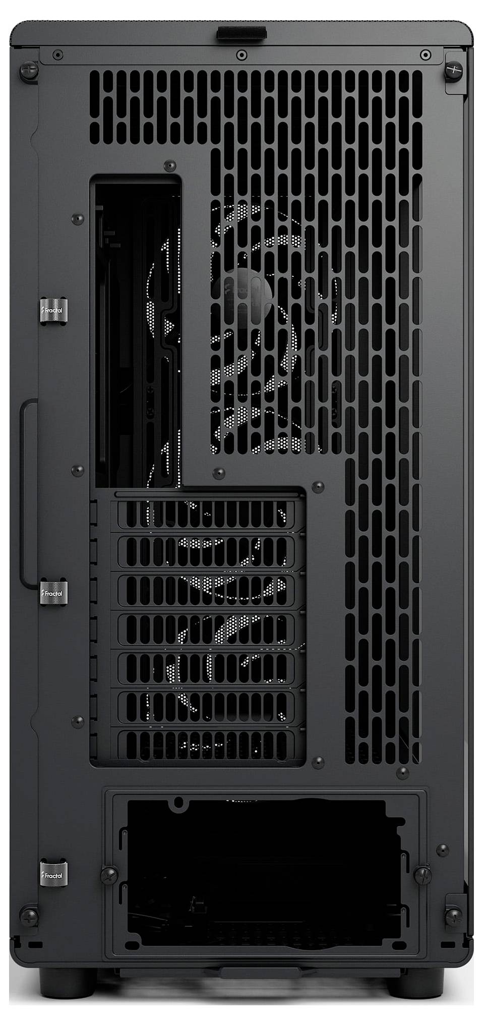 Une vue arrière d'un boîtier d'ordinateur noir affichant des grilles de ventilation, des fentes d'expansion et une zone d'alimentation électrique.