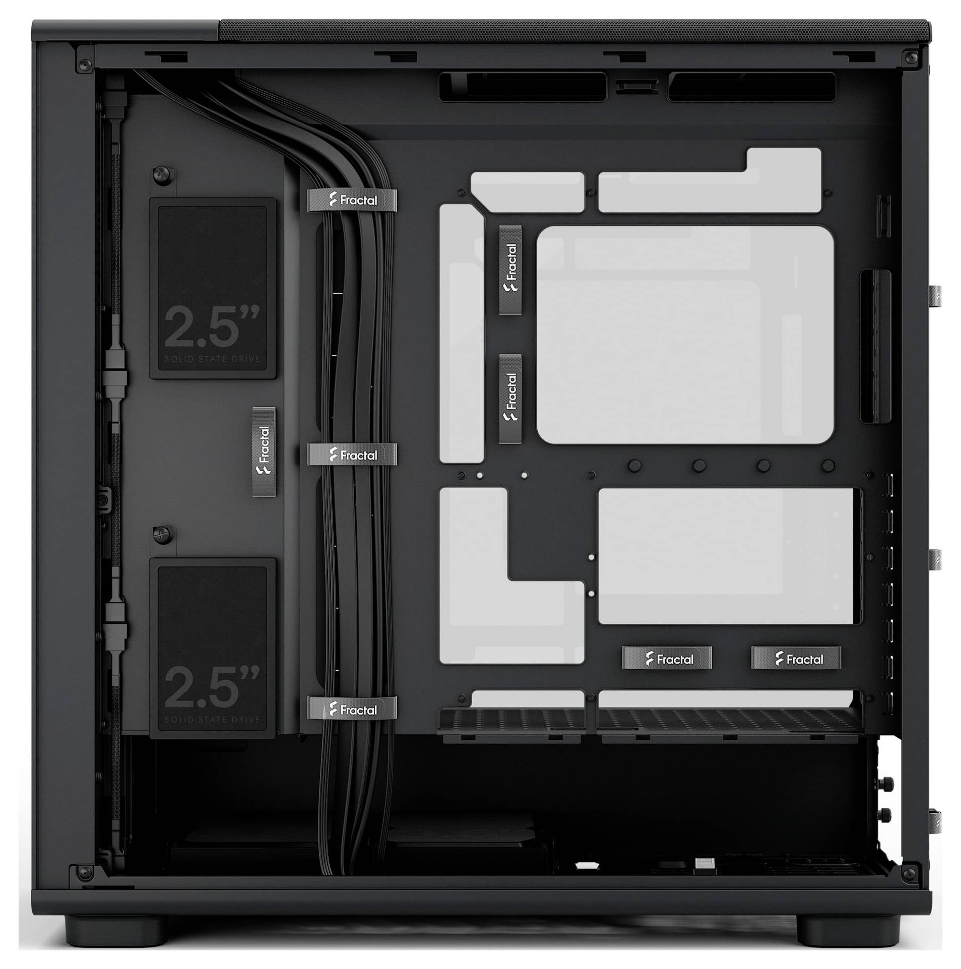 L'intérieur du boîtier informatique 'Fractal' montrant la gestion des câbles, l'espace pour les disques de 2,5 pouces et le carénage de l'alimentation. Conçu pour un flux d'air efficace.