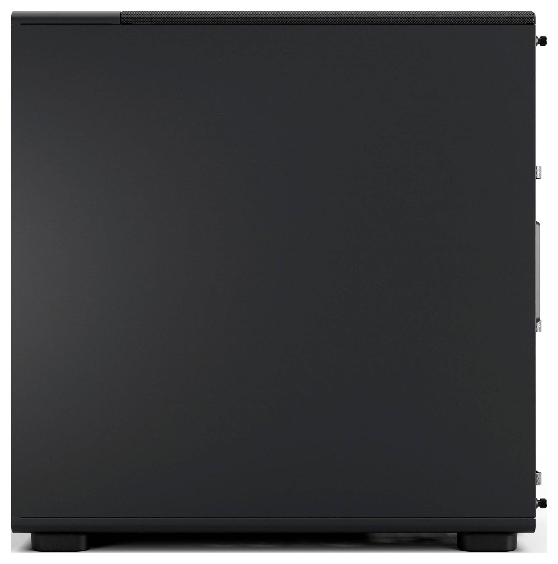 Un boîtier d'ordinateur noir avec un panneau latéral plat et minimaliste, sans logos visibles ni éléments de design.