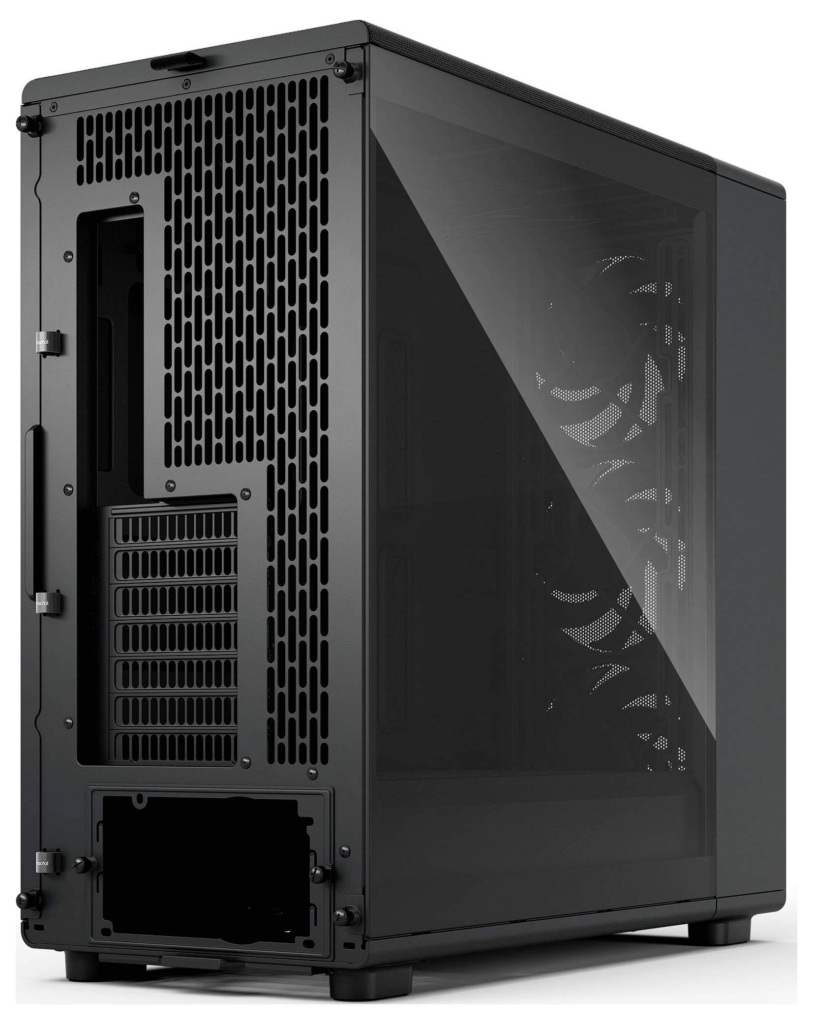 Un boîtier d'ordinateur noir avec un panneau latéral transparent, montrant les espaces internes pour les composants, positionné verticalement sur son côté arrière.
