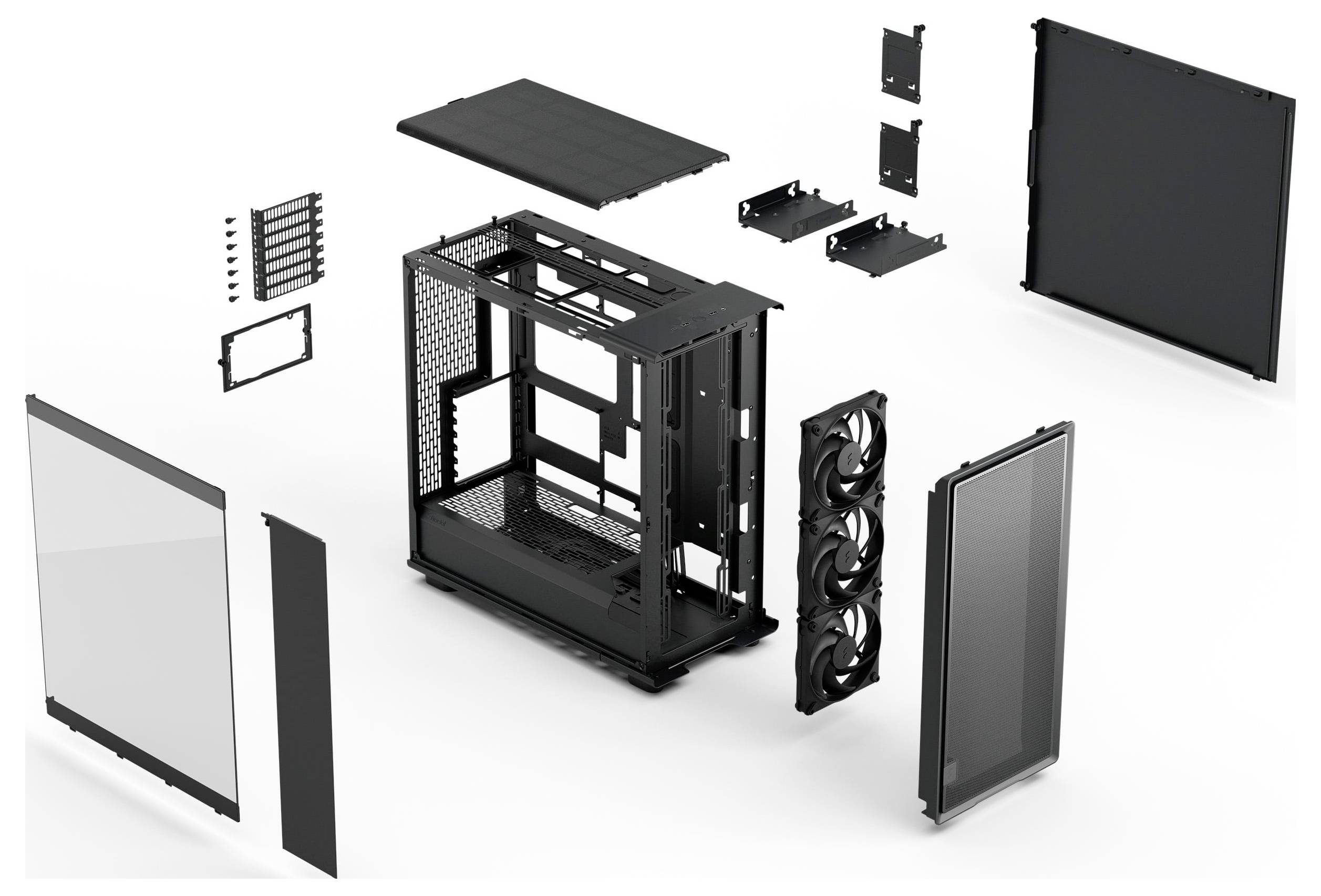 Vue éclatée d'un boîtier d'ordinateur montrant des composants tels que le châssis, les panneaux, les ventilateurs et les supports, illustrant l'assemblage et la disposition.
