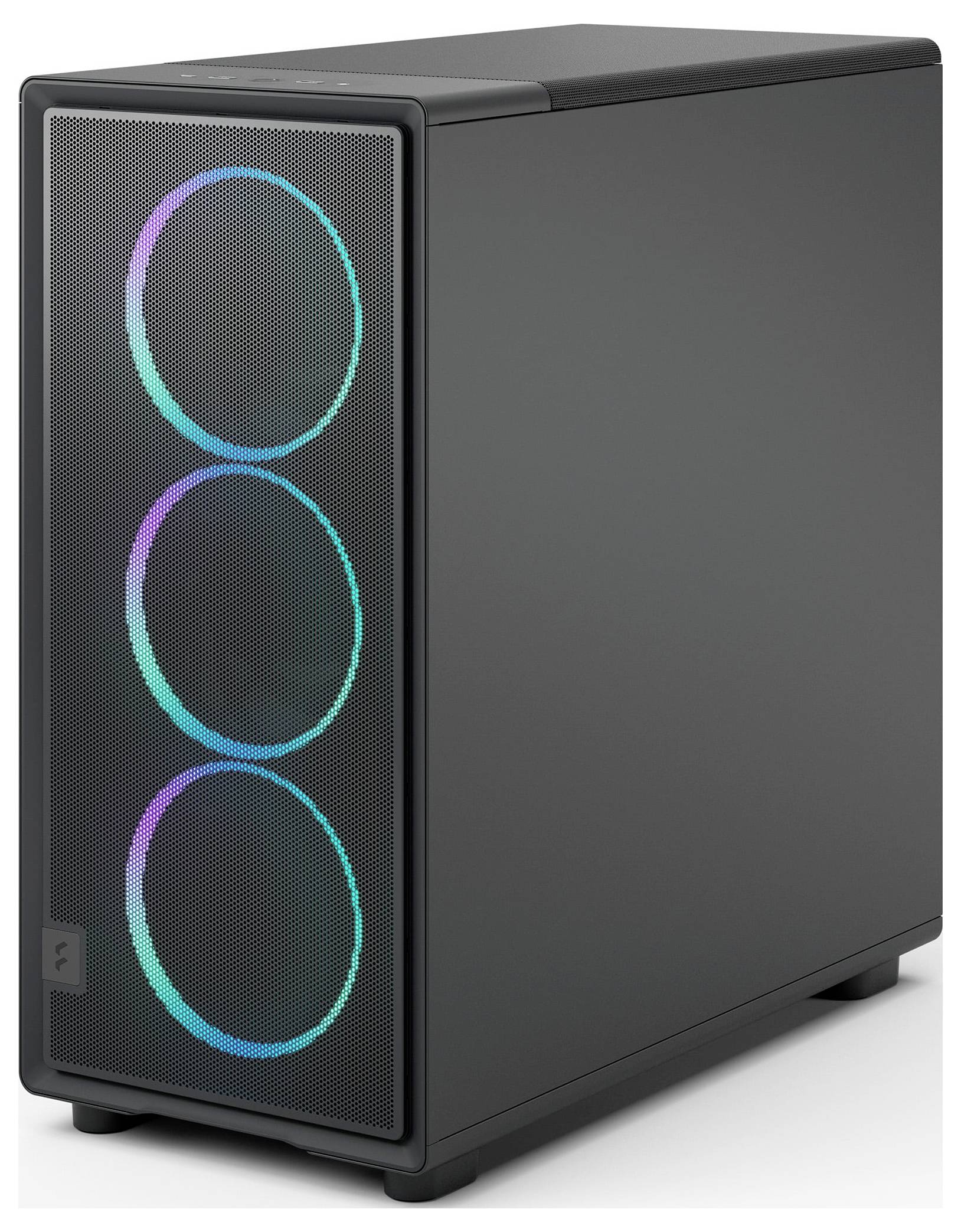 Une tour informatique élégante et noire dotée de trois ventilateurs LED circulaires colorés sur le panneau frontal, lui donnant une apparence moderne et frappante.