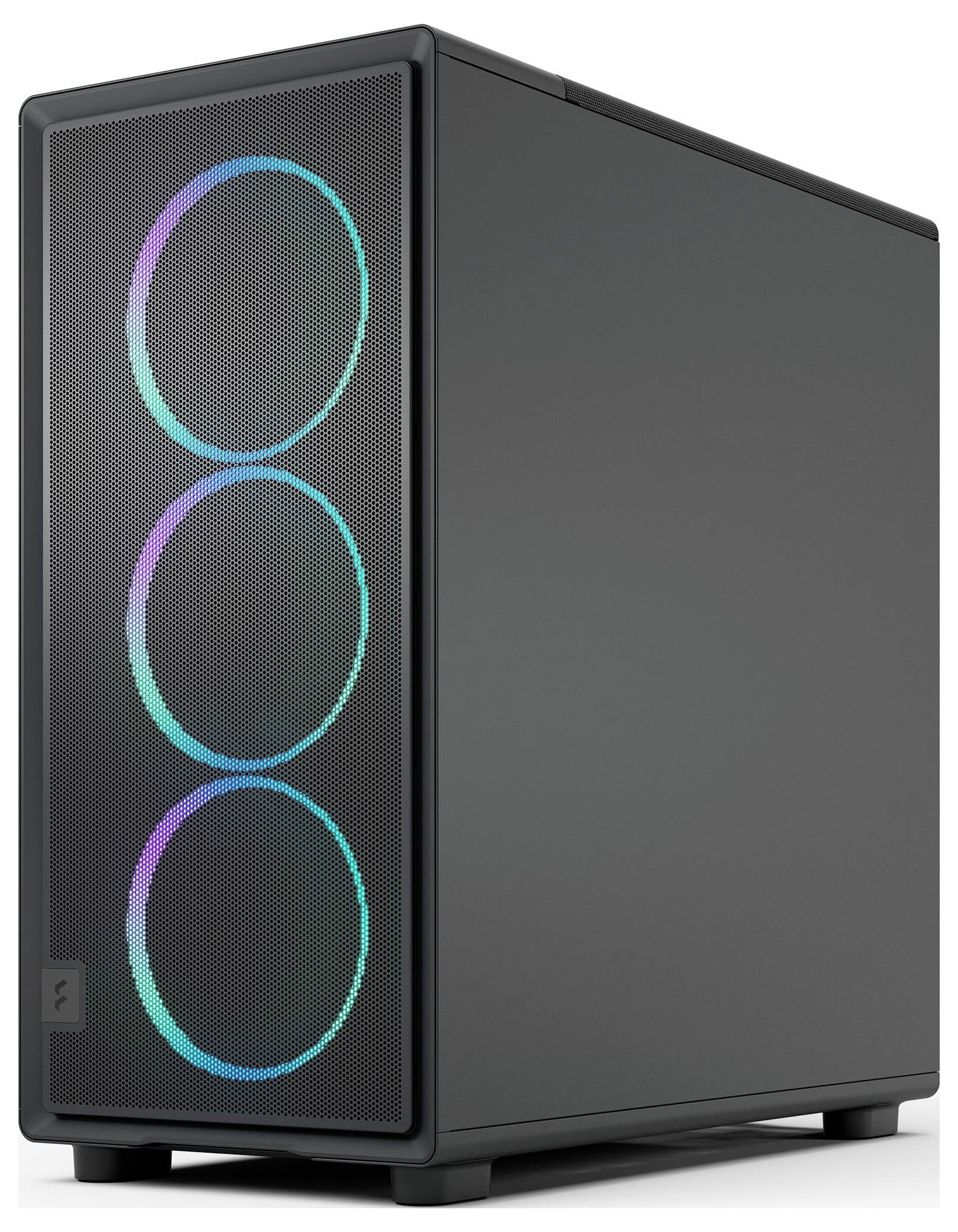 Un boîtier informatique noir avec un panneau avant en maille présentant trois lumières LED RGB circulaires affichant un dégradé de couleurs bleu et violet.