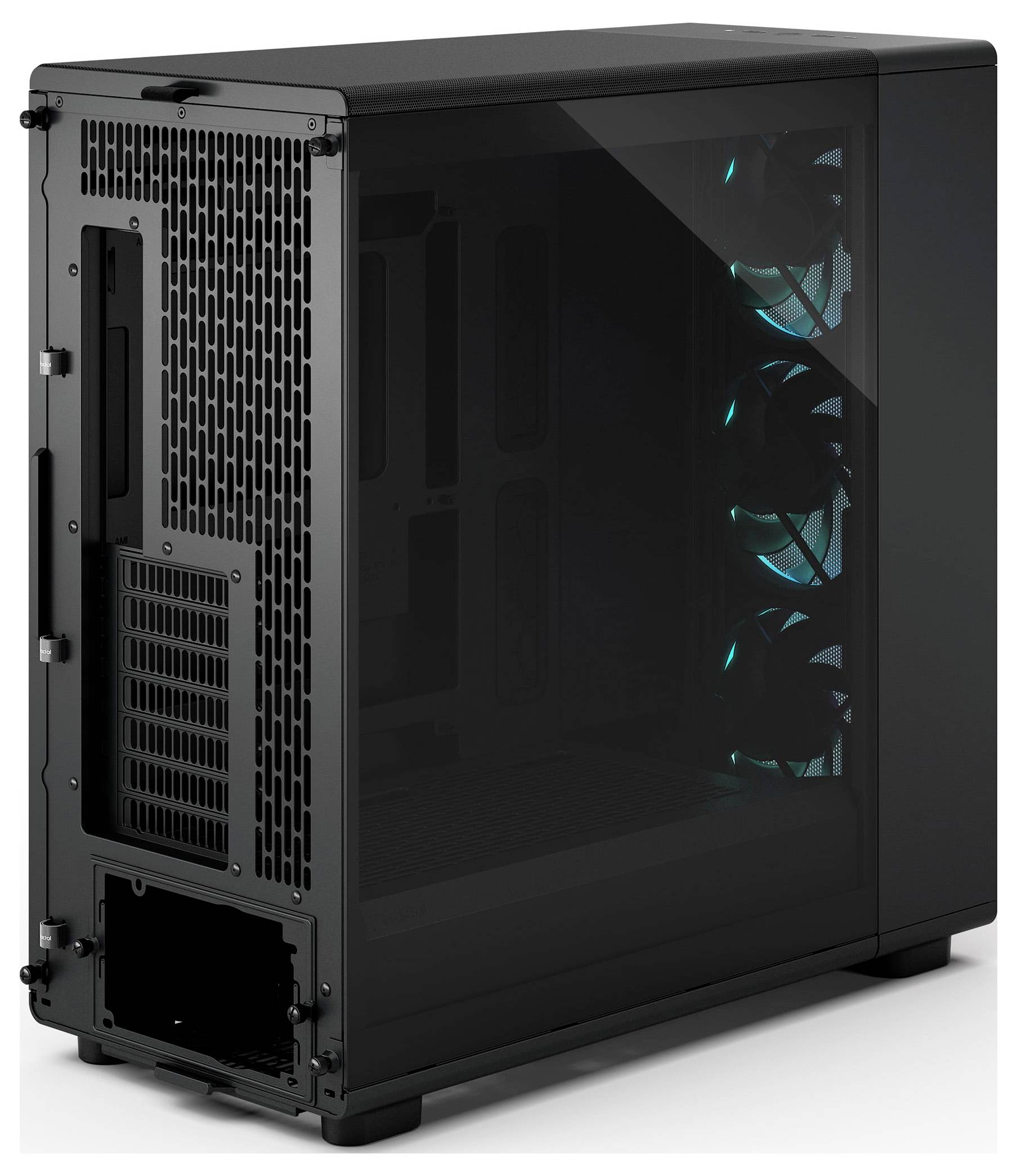 Un boîtier d'ordinateur noir avec un panneau latéral transparent, affichant quatre ventilateurs illuminés disposés verticalement avec des lumières bleues.