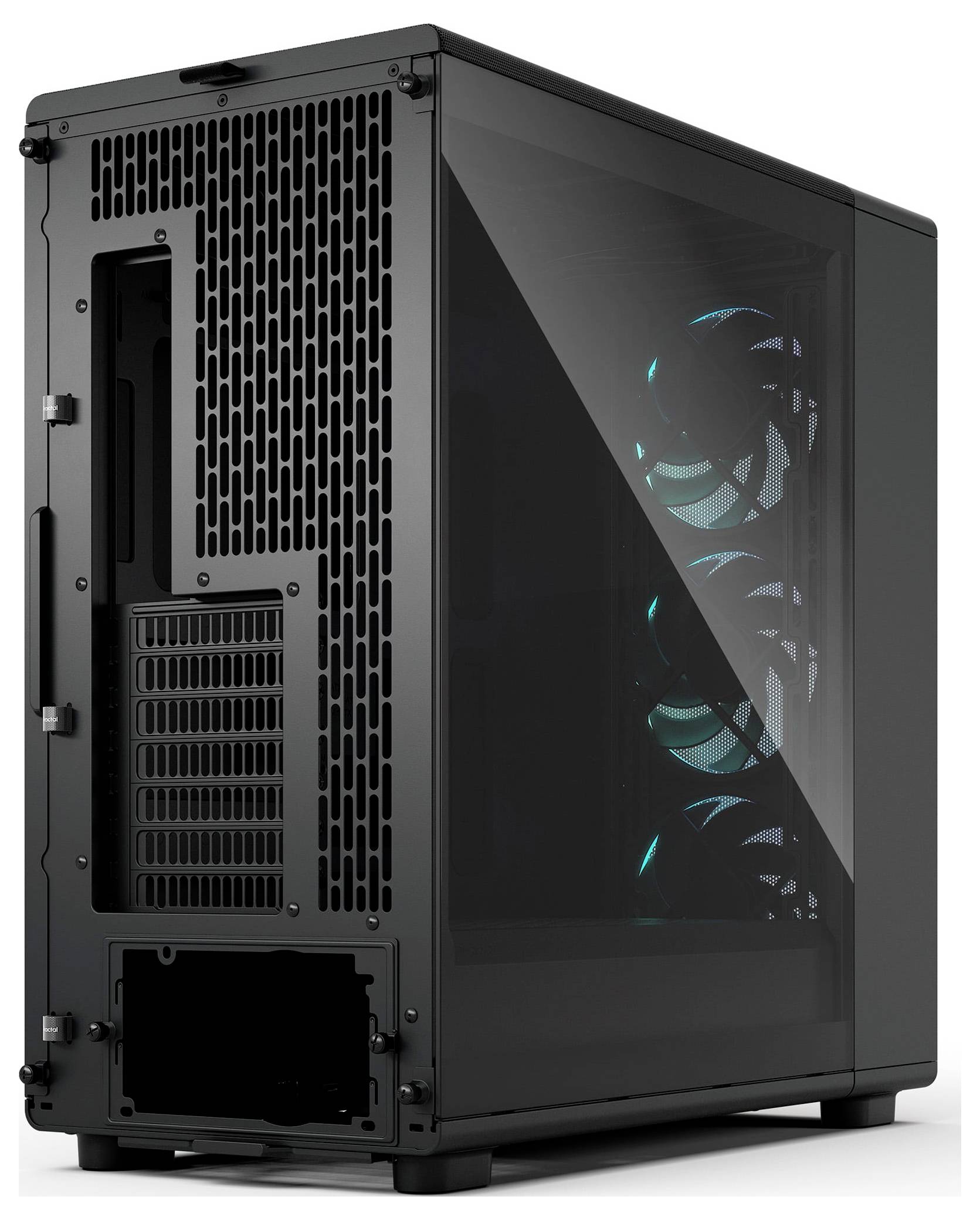 Un boîtier d'ordinateur noir épuré avec un panneau latéral transparent mettant en avant les ventilateurs de refroidissement internes dotés d'un éclairage bleu.