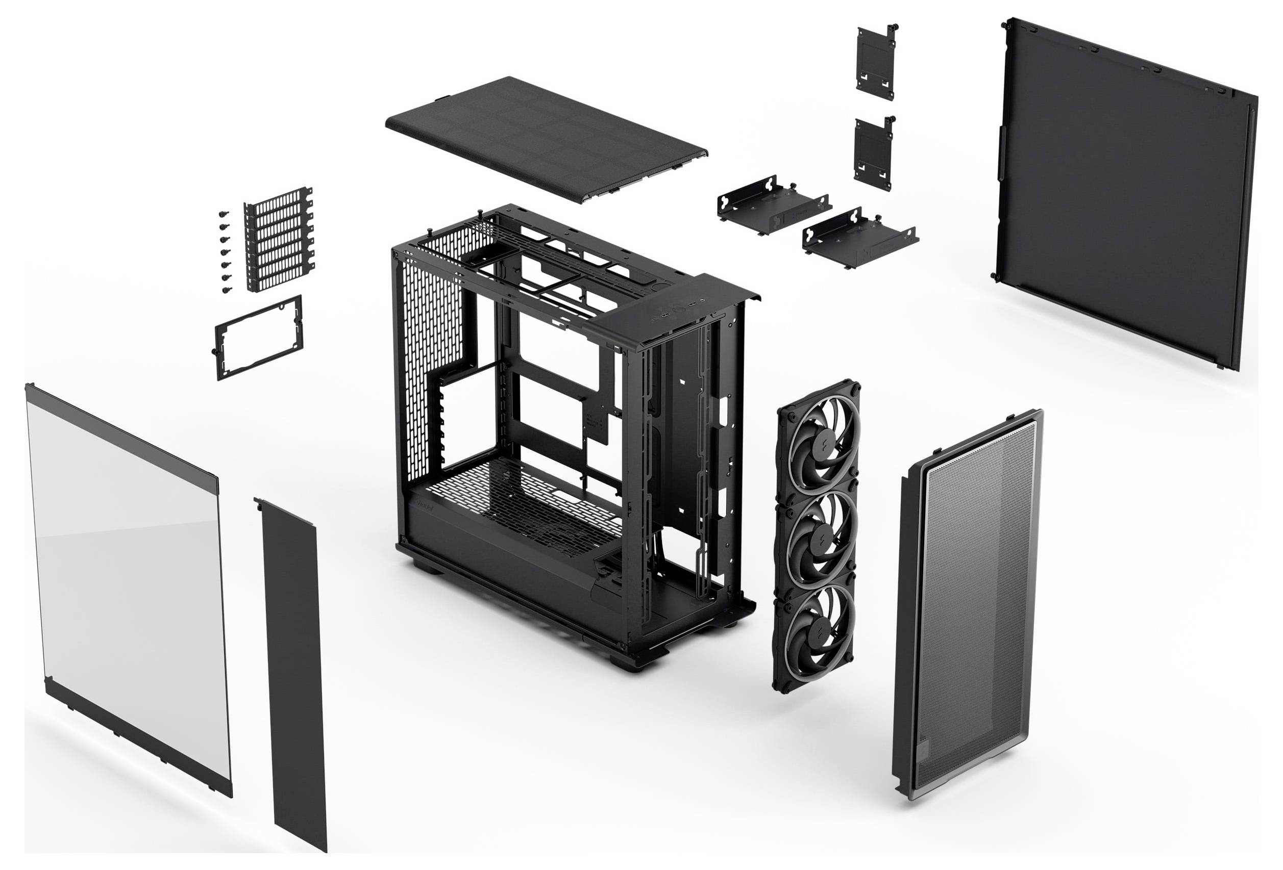 Vue éclatée d'un boîtier d'ordinateur montrant les composants individuels y compris les panneaux, les ventilateurs et le cadre, illustrant la disposition d'assemblage.