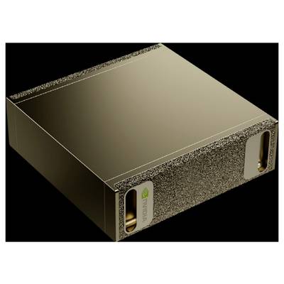 Un GPU rectangulaire de couleur or brillant avec des bords texturés et des logos « NVIDIA » sur le côté.