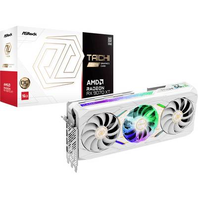 Carte graphique AMD Radeon RX 7900 XT Taichi en blanc avec trois ventilateurs de refroidissement, éclairage RGB et emballage en arrière-plan.