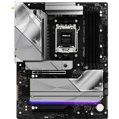 Une carte mère informatique étiquetée ASRock X670E Livemixer WiFi avec plusieurs emplacements pour les composants, y compris la RAM et les dispositifs de stockage.