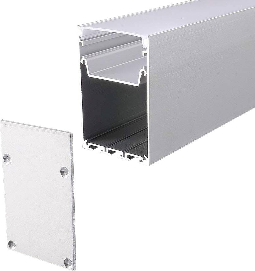 Profil de profilé métallique extrudé avec un capot rectangulaire détaché, présenté dans un contexte de construction ou d'assemblage.