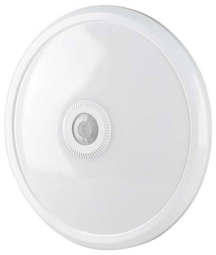 Un luminaire de plafond rond et blanc avec un capteur central conçu pour la détection de mouvement.