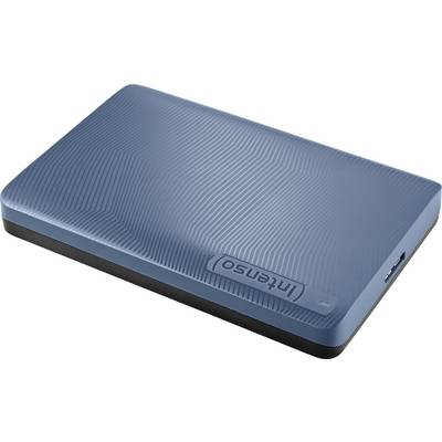 Un disque dur externe portable bleu de la marque « Intenso » sur sa surface supérieure, présentant un design élégant et texturé.