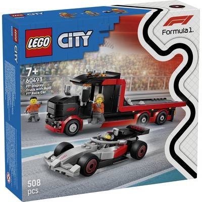 L'emballage « LEGO City » montrant une construction sur le thème de la « Formule 1 » avec un camion noir et rouge et une voiture de course. Inclut un conducteur et un mécanicien. 508 pièces, à partir de 7 ans.
