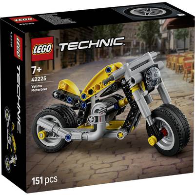 Boîte LEGO Technic montrant un modèle de motocyclette jaune et gris, numéro d'ensemble 42225, à partir de 7 ans, avec un arrière-plan de sièges extérieurs.