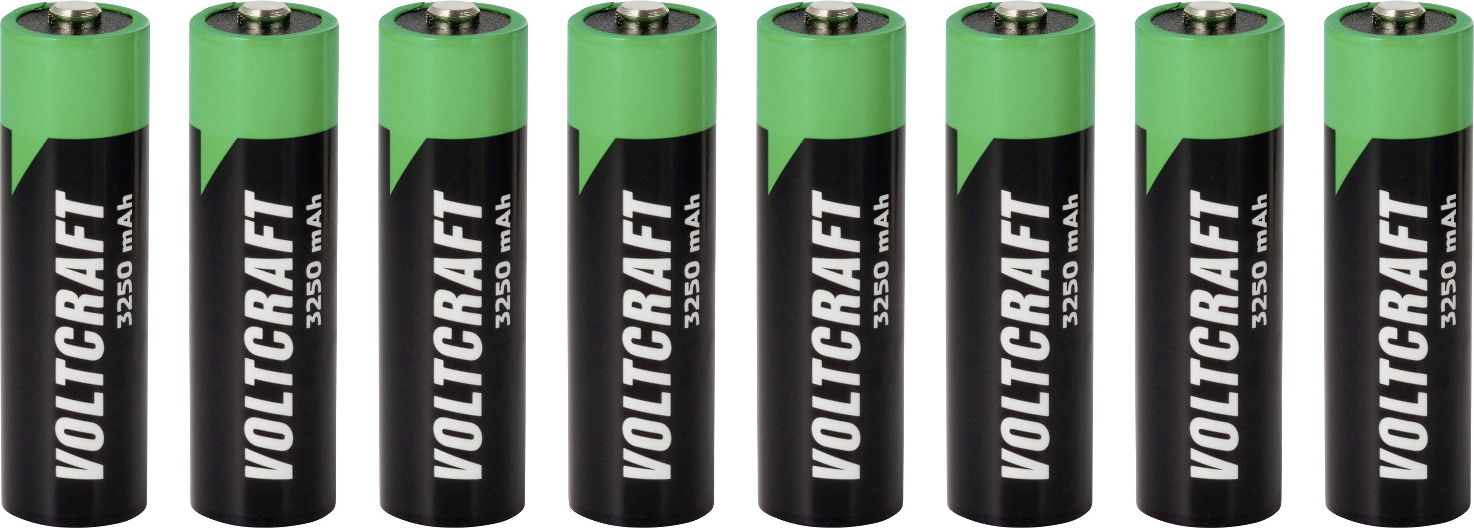 Rangée de neuf batteries Voltcraft 1250 mAh AA vertes et noires disposées verticalement sur un fond blanc.