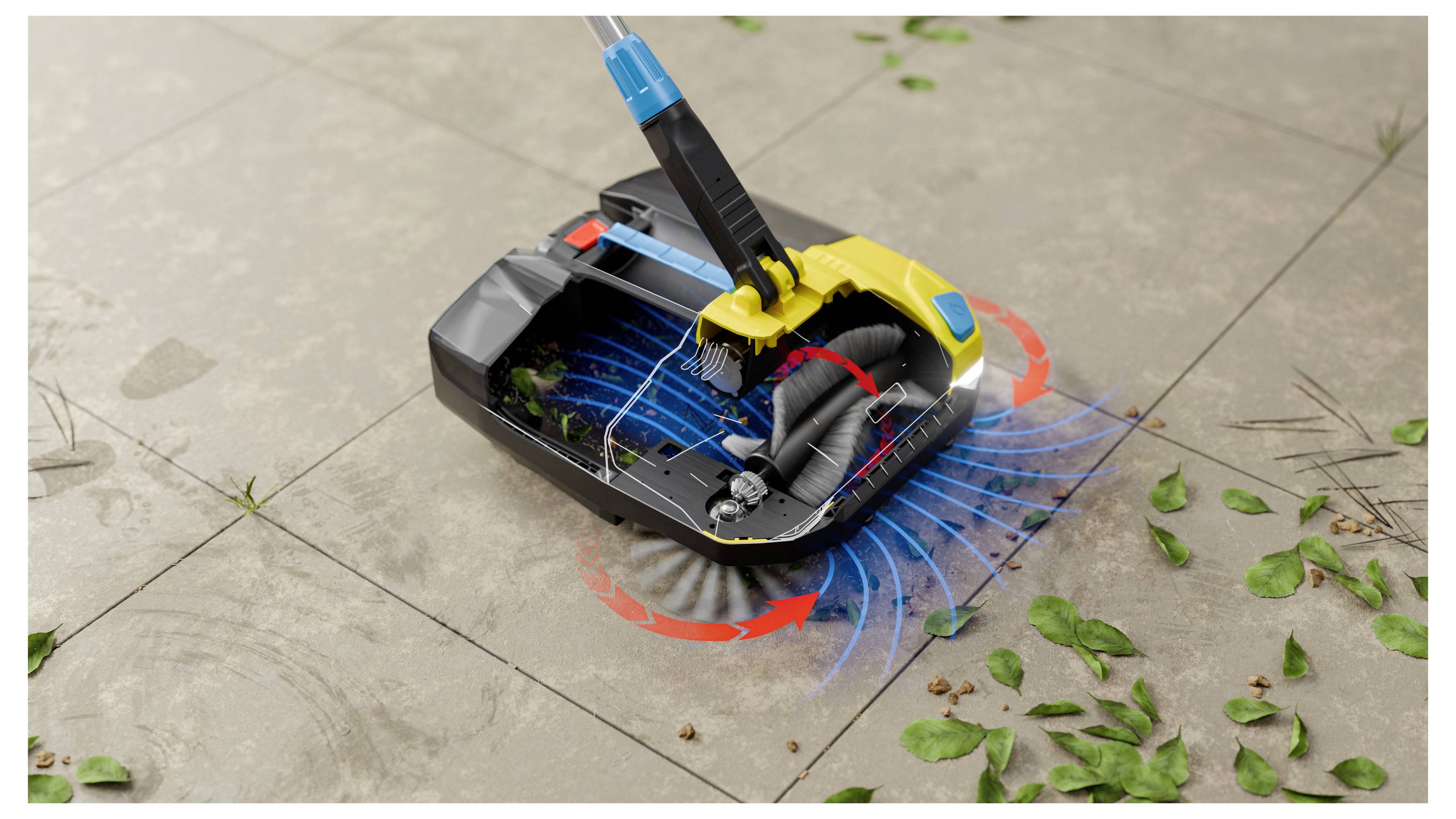 Un nettoyeur de sol robotisé balayant des feuilles sèches sur une surface carrelée, montrant des flèches directionnelles indiquant le mouvement et le motif de nettoyage.