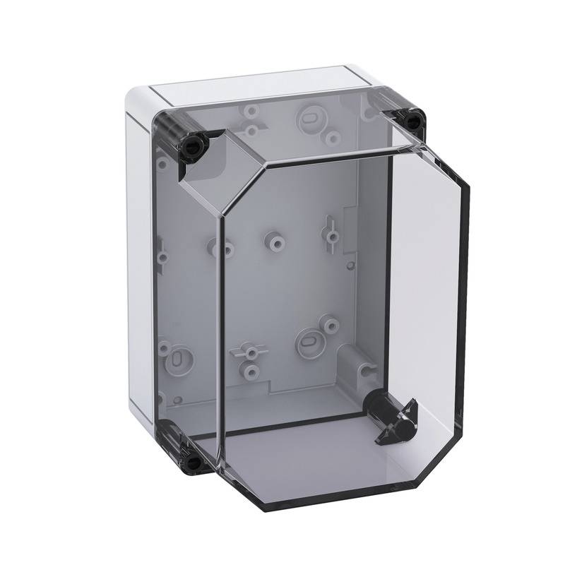 Boîtier d'armoire électrique gris transparent avec couvercle avant ouvert, montrant les trous de montage et les fixations d'angle noires.