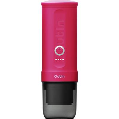 Un distributeur d'eau chaude portable de marque Outin rouge avec une section inférieure noire. Il dispose d'un bouton d'alimentation et de voyants lumineux sur le devant.