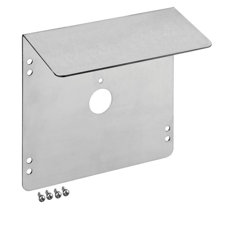 Supports de montage en métal avec un couvercle supérieur incliné, une ouverture ronde centrale, plusieurs trous de vis et quatre vis illustrés ci-dessous sur un fond blanc.